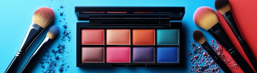 Fototapeta premium Colorful eyeshadow palette and professional makeup brushes on a blue background. Beauty and makeup concept with copy space for cosmetics design and tutorials.