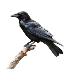 Majestic black raven perched gracefully on a wooden branch isolated against a minimalist white background  The bird s striking feathers piercing eyes