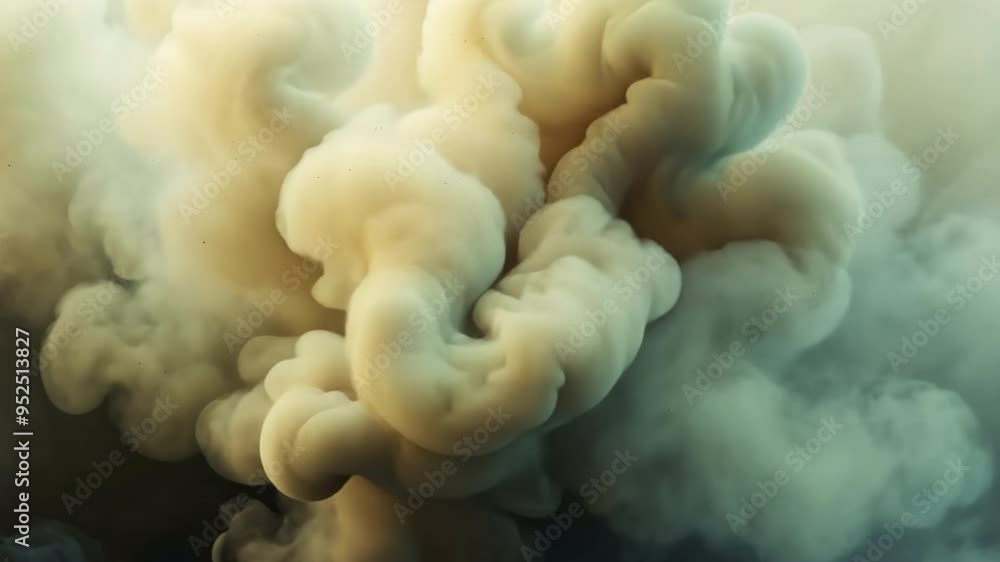 Poster a large cloud of smoke, possibly from a fire, with a mix of white and brown colors. the smoke is bil