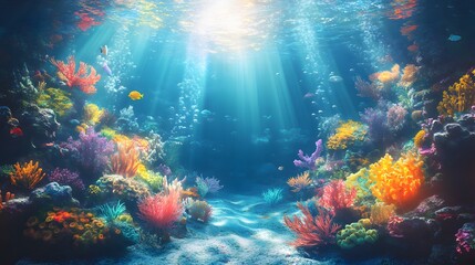 Fototapeta premium Underwater world with mermaids coral gardens and sunbeams shining through the water Vivid fantastical with vibrant colors fluid shapes realistic 3D marine life