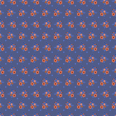 Flowers Blossom and Polka Dots Floral Print on Blue