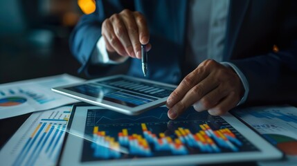 Business, finance and investment concept. Businessman using digital tablet analyzing and calculating financial data with economic graph growth chart