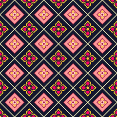 Elegant floral geometric pattern. Seamless  fabric wallpaper. Vibrant pink, red, yellow on dark.Thai-inspired motif. Luxury pattern for fashion. flower in diamond grid. Stylish ethnic textile pattern.