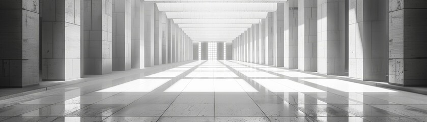 A bright, open space featuring large columns and sleek tiled flooring, ideal for modern architectural design concepts.