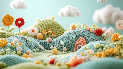 A whimsical landscape composed of vibrant knitted hills and yarn flowers, creating a dreamy and imaginative scenery that captures the essence of a fantastical world made from soft textures.