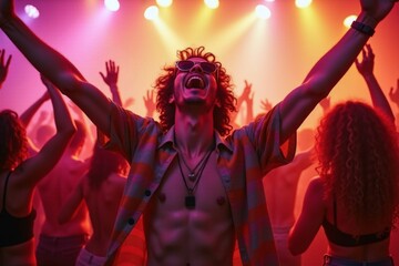 A vibrant party scene featuring a group of people dancing energetically under colorful, dynamic lighting.