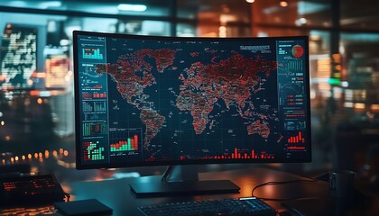 Realistic World Map on Large Monitor with Stock Market Graphs and Geopolitical Markers in Modern Office Setting