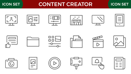 Content creator icon set. Modern thin-line style of love social media-related icons: passion, creator, celebrity, and more. Pictograms and infographics for mobile.Editable stroke outline icon.