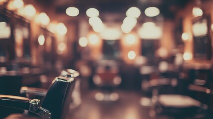 A blurred interior of a barbershop showcasing styling chairs and ambient lighting.