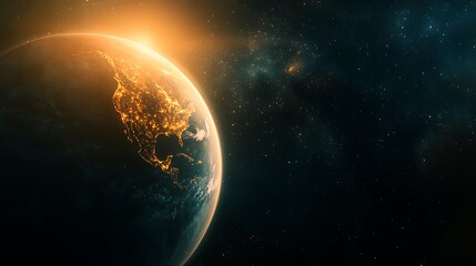Obraz premium Earth in Soft Glow: Partially Shadowed Continent, Glowing Atmosphere, Distant Stars Illuminating in Soft Light
