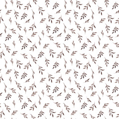 Small brown twigs. Watercolor autumn seamless pattern. Hand drawn. Ideal for decorating textiles and wallpaper. Country style. White background