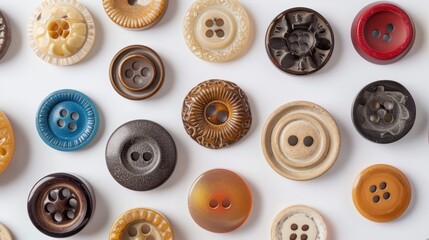 Obraz premium A collection of vintage buttons in various colors and styles, arranged on white background. The variety includes different sizes and shapes with intricate designs, unique textures and patterns