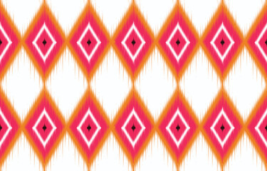 Colorful ikat seamless pattern. Bohemian diamond shapes in pink and orange. Ethnic textile design for fabric or wallpaper. Trendy ikat-inspired geometric print. Vibrant ikat background.