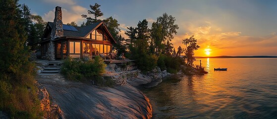 Fototapeta premium A charming lakeside cabin nestled in nature, offering a serene retreat by the water's edge. Ideal for themes related to nature getaways, rustic living, and peaceful landscapes