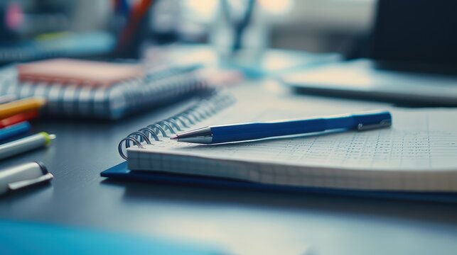 A close-up of stationery, such as pens and notepads, on an office desk. The focus is on the spiral notebook with pencils lying around