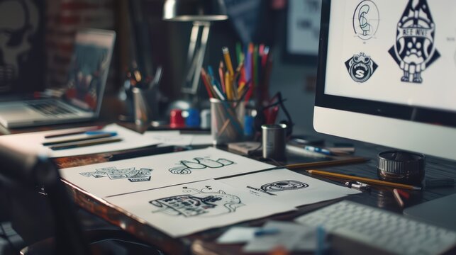 A desk with several hand-drawn logos, design sketches and pencils on it. The scene shows the creative process of graphic designer working hard to create designs for company branding and logo creation