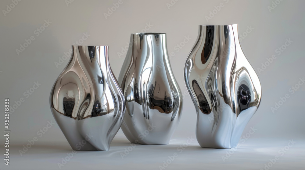 Wall mural A trio of modern chrome vases with fluid, sculptural designs, offering a sleek and reflective metallic finish for a contemporary aesthetic.