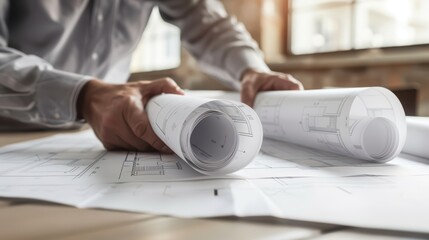 a close up shot of a male hand holding a rolled architectural blueprint