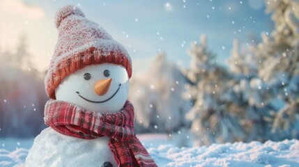 snowman with pine trees and falling snow background and copy space
