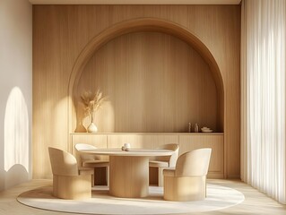 Modern Wooden Dining Room Interior Design with Arch and Beige Chairs 3D Illustration