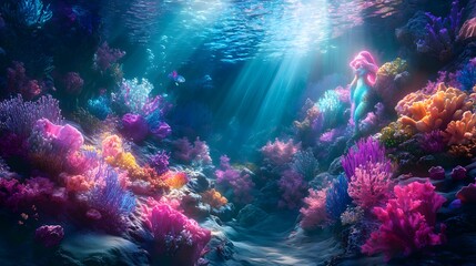 Fototapeta premium Colorful underwater scene with mermaids coral gardens and sunbeams shining through the water Vivid and fantastical with fluid shapes realistic 3D marine life