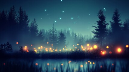 Fototapeta premium A serene night scene featuring glowing lights in a misty forest, creating a magical and tranquil atmosphere.