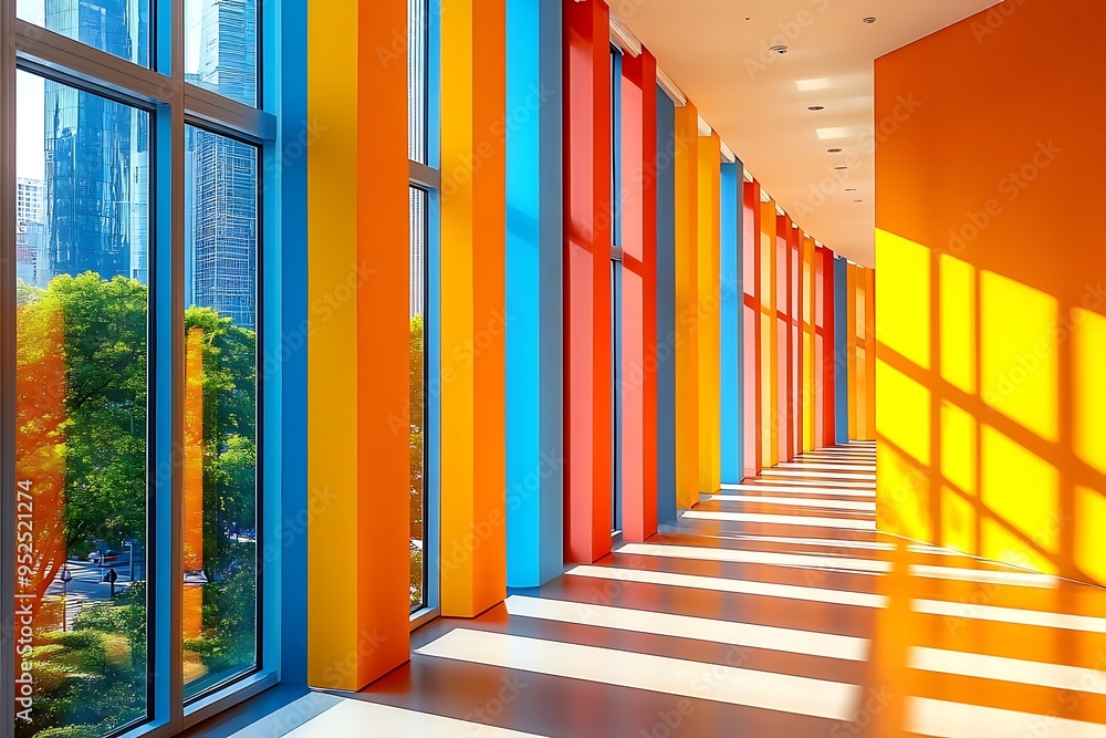 Poster colorful corridor with window view - abstract architecture illustration