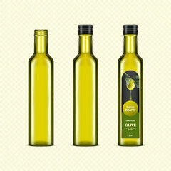 Vector realistic set of olive oil glass bottle. Organic extra virgin olive oil bottle with label. Package mockup design element.