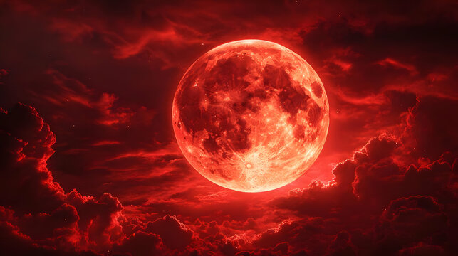 3D Glossy Blood Moon Background with Clouds concept as A glossy background featuring a blood red moon with dark clouds swirling around it. Perfect for Halloween horror themed advertisements or vampire