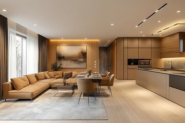 Modern Interior Design with Open Kitchen and Living Room 3D Illustration