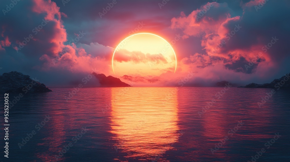 Aufkleber abstract 3d render with white clouds levitating inside a glowing neon rounded frame, reflecting in w