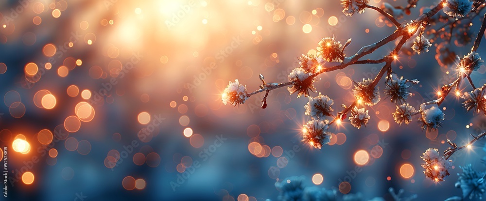 Poster a frosted branch with glittering lights and a bokeh background.