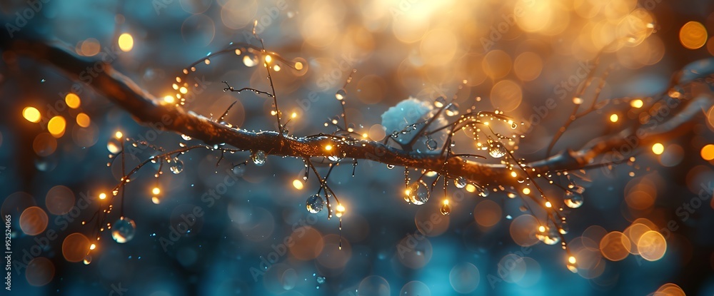 Poster close-up of a tree branch with raindrops and lights, bokeh background.
