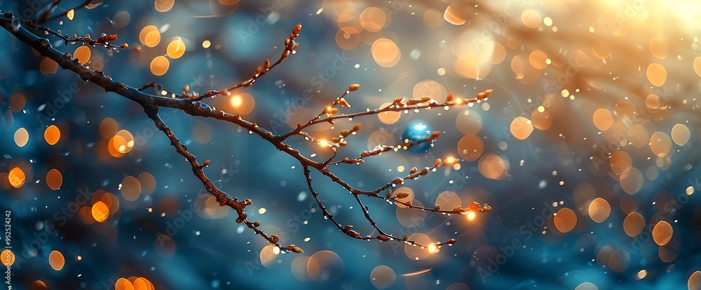 Poster a close-up of a bare tree branch with bokeh lights.