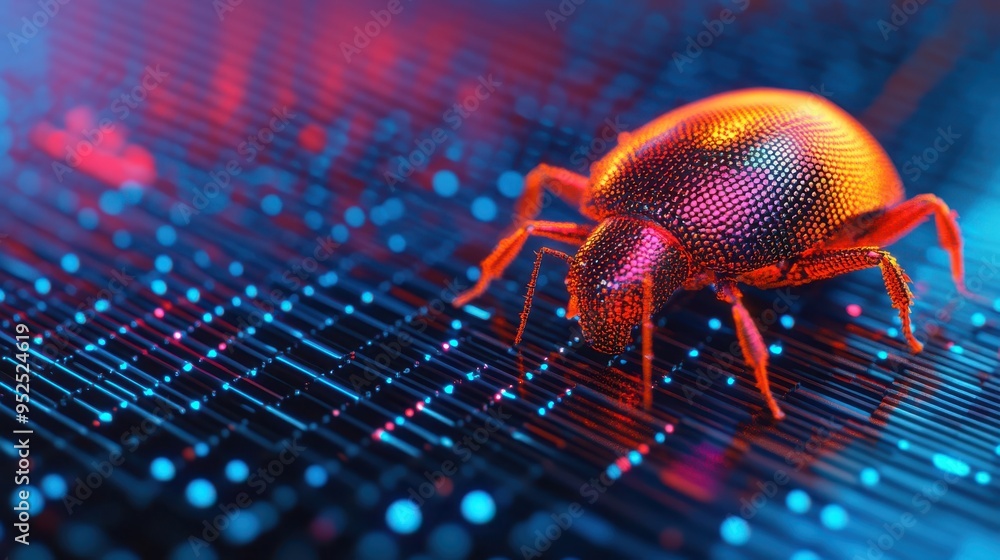 Aufkleber A vibrant 3D render of a glowing cyber bug crawling on a digital circuit board, representing computer bugs and cybersecurity threats.
