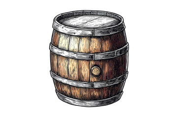 Obraz premium Wood barrel. Hand drawn sketch engraving style vector illustrations