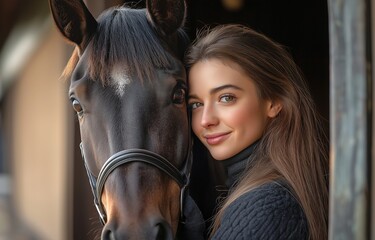 Fototapeta premium The owner of the horse is outside the barn cleaning her dark bay.