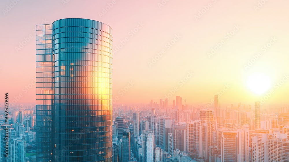 Poster Modern Skyscraper Cityscape at Sunset.