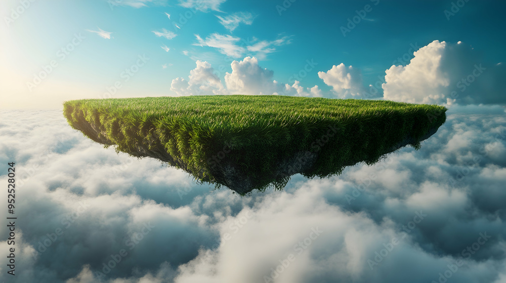Poster a 3d rendered image of a floating slice of land with a green grass surface,