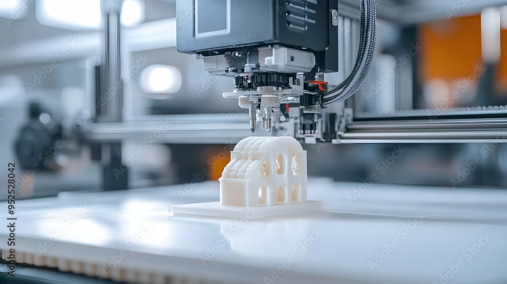 Poster a 3d printer in the midst of creating a white plastic model, offering a glimpse into the capabilitie