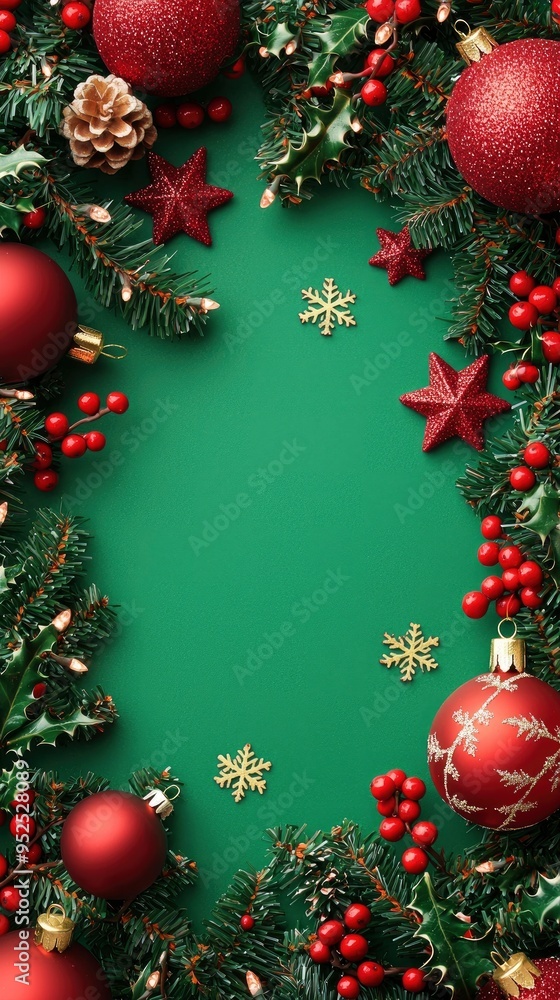 Poster christmas ornament frame on green background