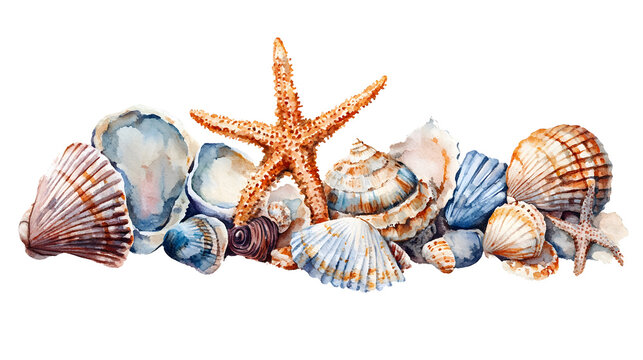 Watercolor Seashells and Starfish Collection