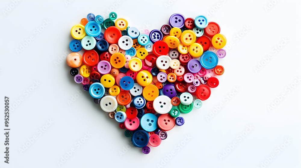 Poster a close-up of colorful tiny plastic buttons arranged in a heart shape on a white background,
