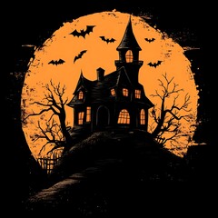 Haunted Mansion Silhouetted Against Orange Full Moon and Bats