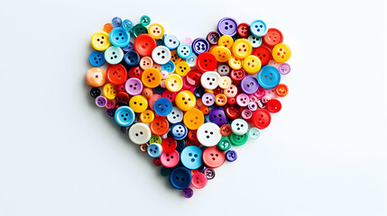 A close-up of colorful tiny plastic buttons arranged in a heart shape on a white background, 