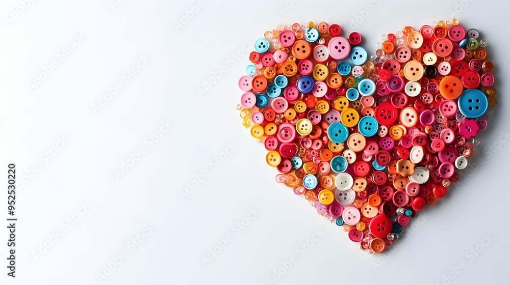Poster a close-up of colorful tiny plastic buttons arranged in a heart shape on a white background, serving