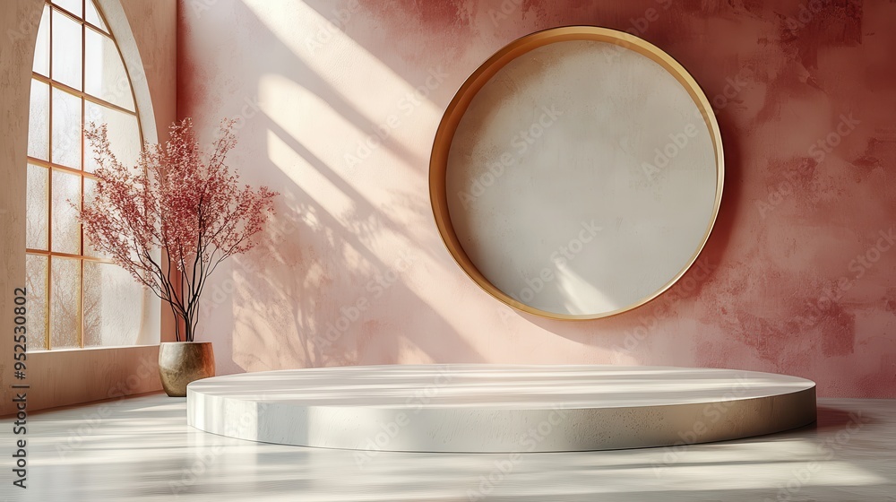 Poster abstract beige background with an empty cylinder podium and a golden rounded frame illuminated by da