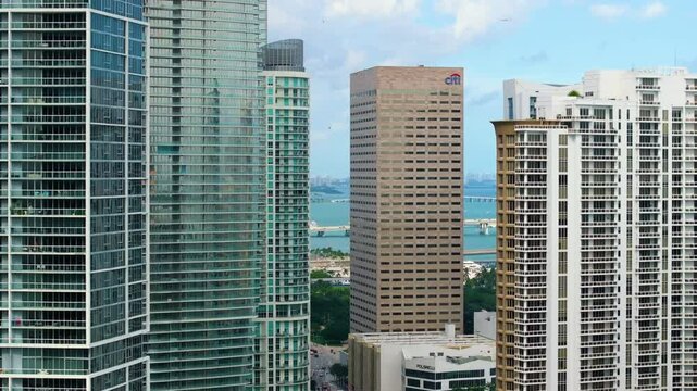 Citi bank building in downtown financial district of Miami city in Florida, USA. Urban landscape of high skyscraper buildings in modern American megapolis
