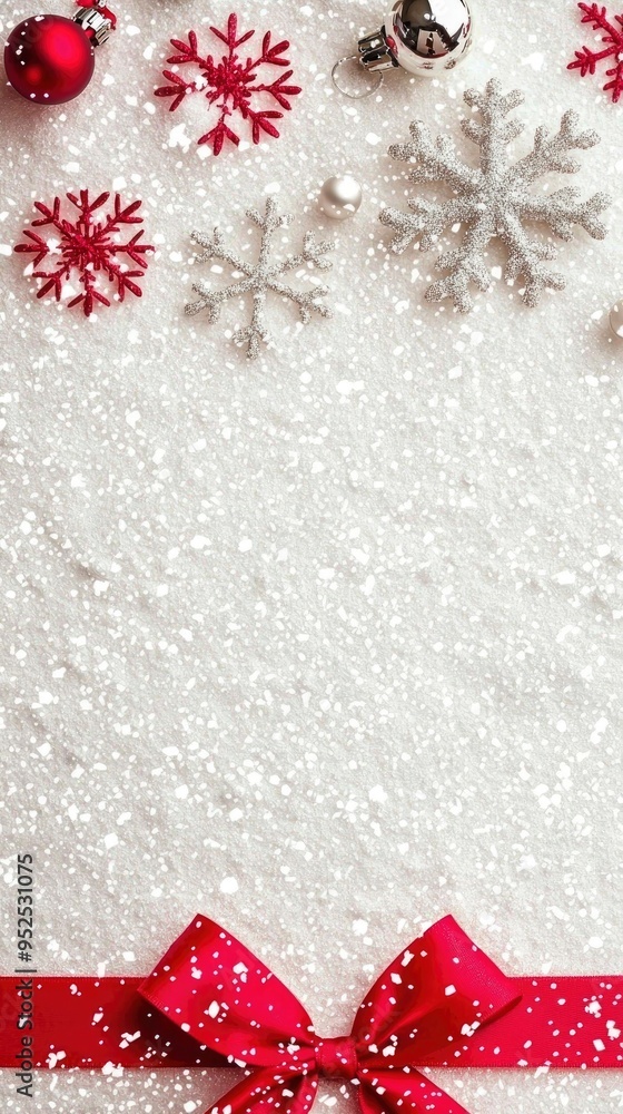 Poster Christmas Background with Red Ribbon Bow and Snowflakes