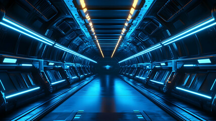 Fototapeta premium An immersive 360-degree view of a dark tunnel, lit by laser beams and neon lights, with metal panels creating a futuristic vibe.